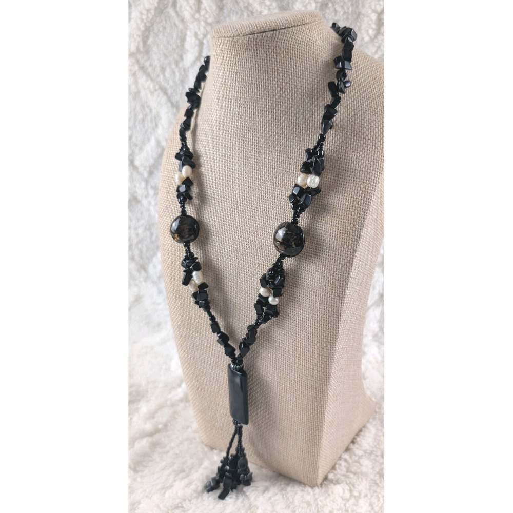 Long Black Stone Chip Tassel Necklace Freshwater Pearl Accents Boho‎ Statement